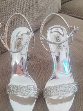 Badgley Mischka Silver Sparkle Ankle-Strap Heels